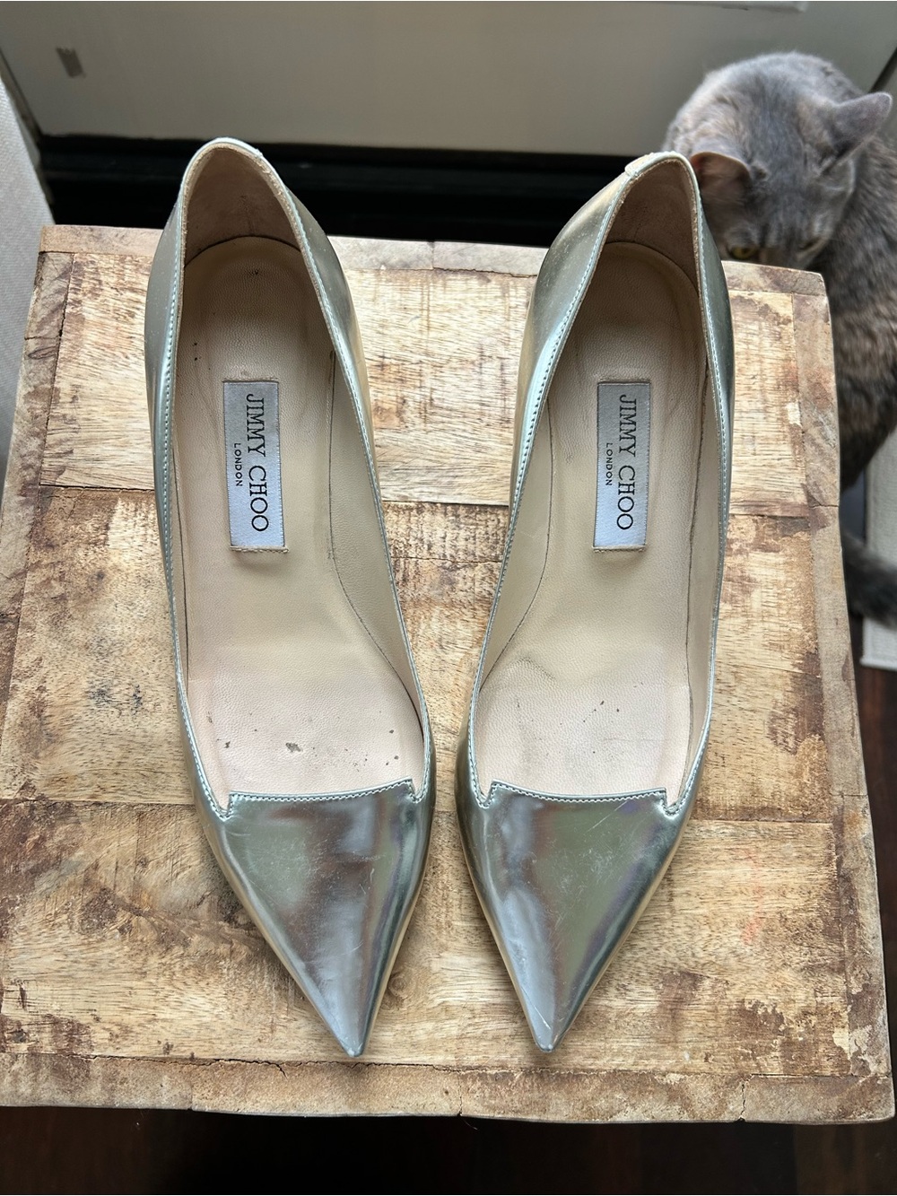 Jimmy Choo Iridescent Pointed-Toe Pumps in Silver-Green Sheen